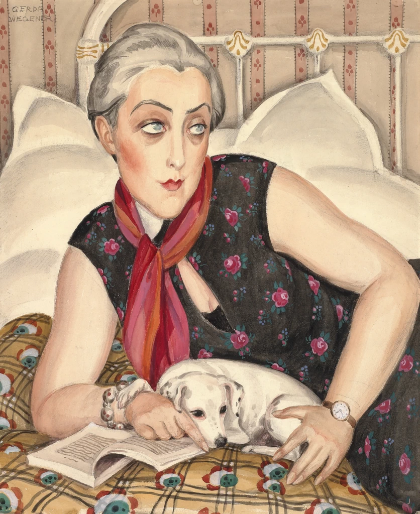 Ritratto di donna che legge con il cane